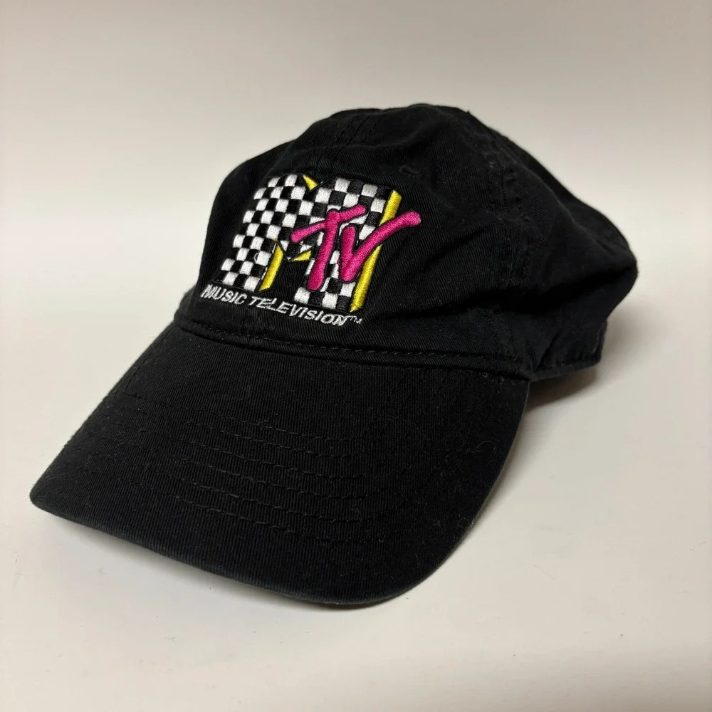 MTV Music Television Black Embroidered Checkerboard Logo Dad Hat Cap OSFM